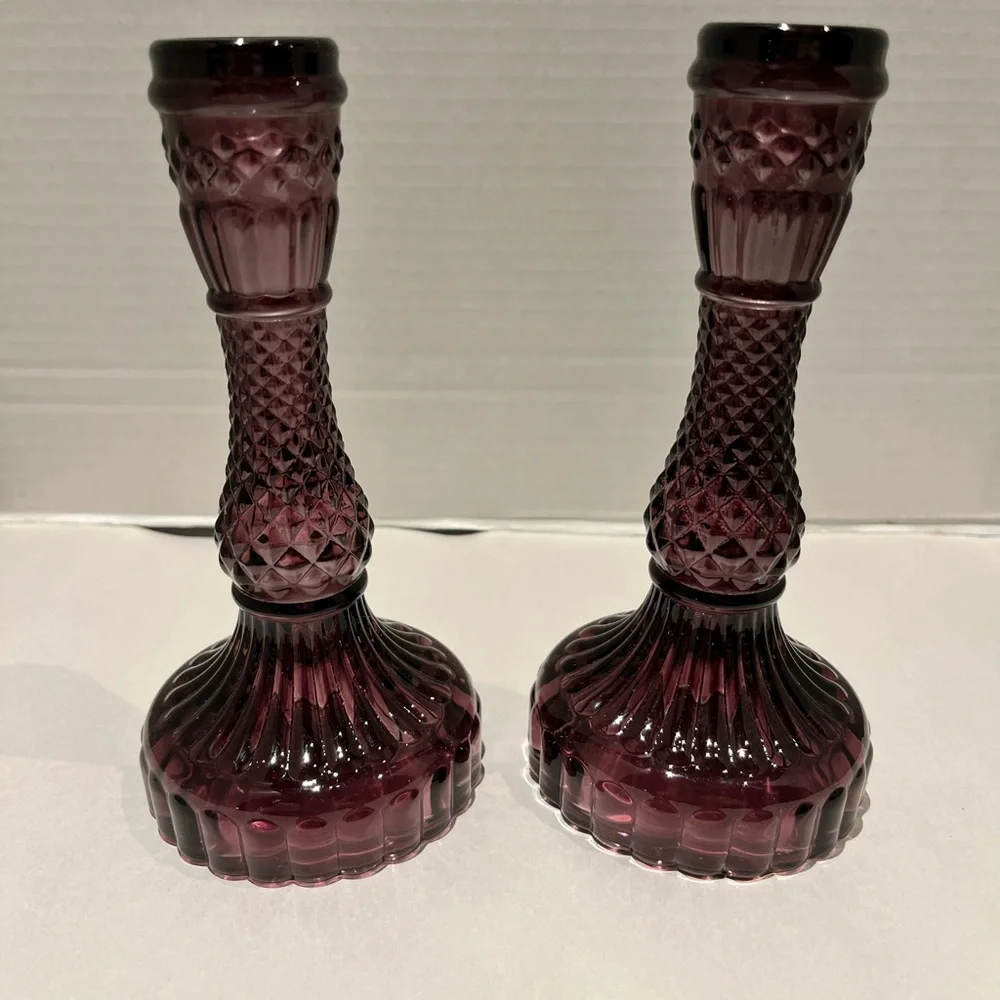 Vintage Purple / Cranberry Pressed Glass Candlesticks – Pair